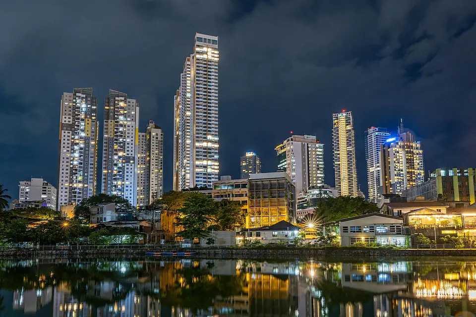 Park and Skyscrapers around Beira Lake in Colombo in Sri Lanka at Night