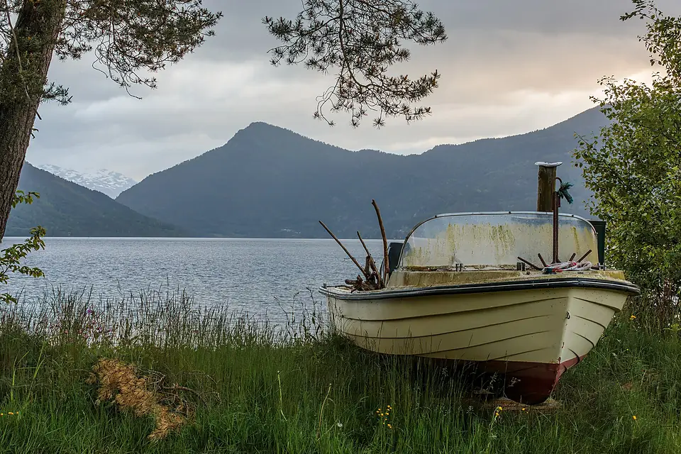 Boat ashore at Breimsvatnet, Re, Gloppen, Vestland, Norway, 2025 June