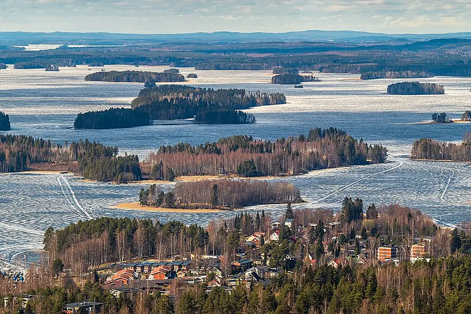 View towards Julkula and Kallavesi from Puijo tower, Kuopio, North Savo, Finland, 2023 April