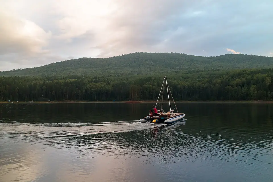 Catamaran on the lake, Krasnoyarsk Reservoir, Russia