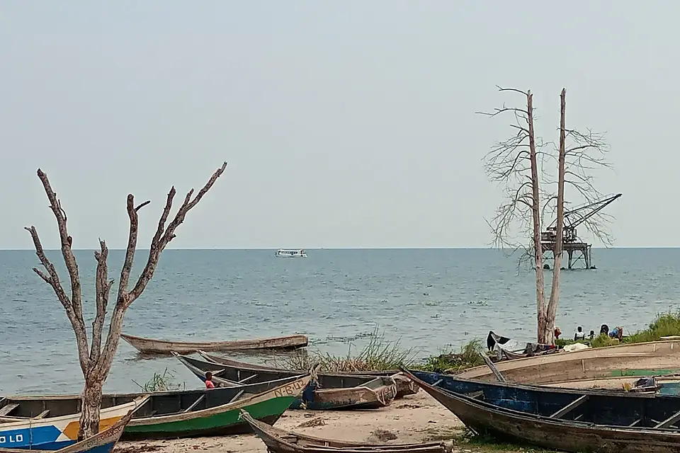 Des pirogues sur la plage du Lac Albert