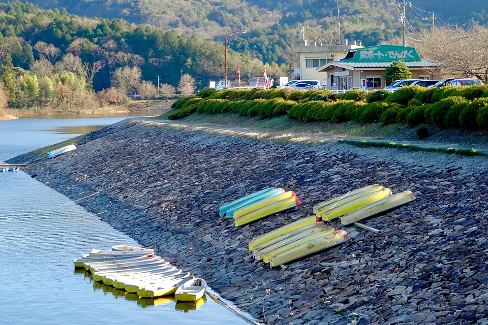 Boats for fishing Wakasagi beside Lake Iruka