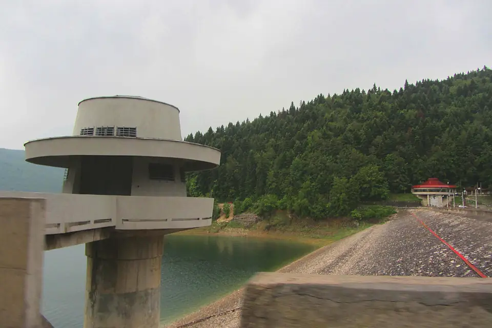 Control towers of a dam on the Mavrovo Lake, North Macedonia
