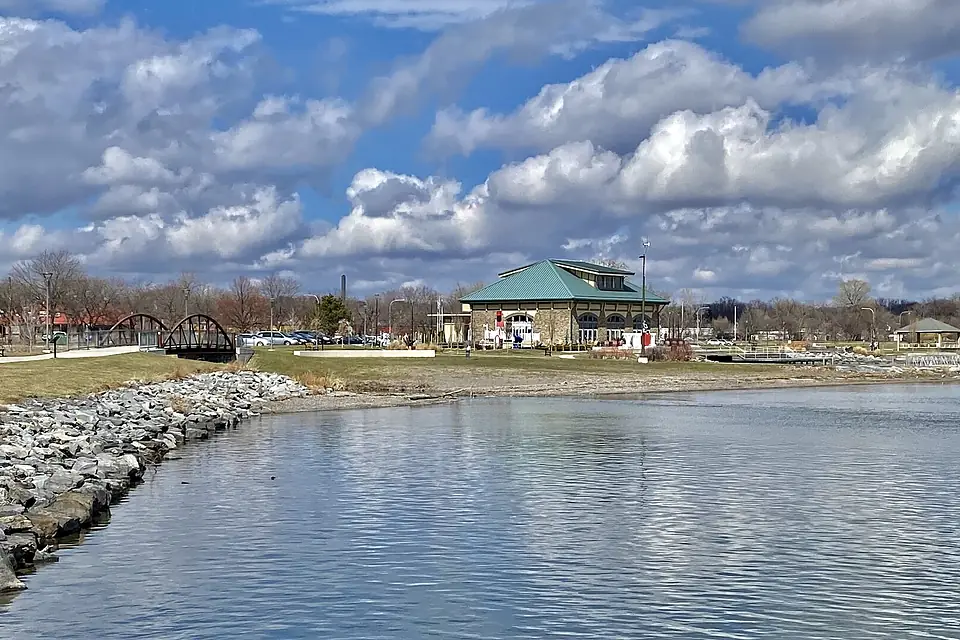 Finger Lakes Welcome Center and Seneca Lake shoreline as seen from Lakefront Park, Geneva, New York - 20230328